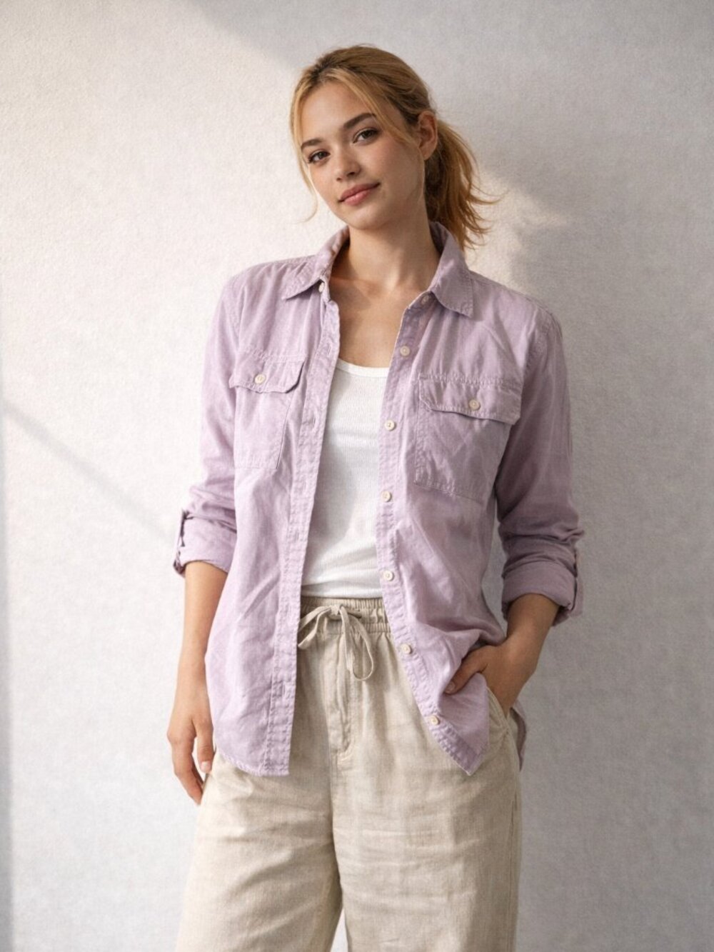 Eddie Bauer Travex Women's S Lavender Classic Fit Roll-Sleeve Button Down Shirt